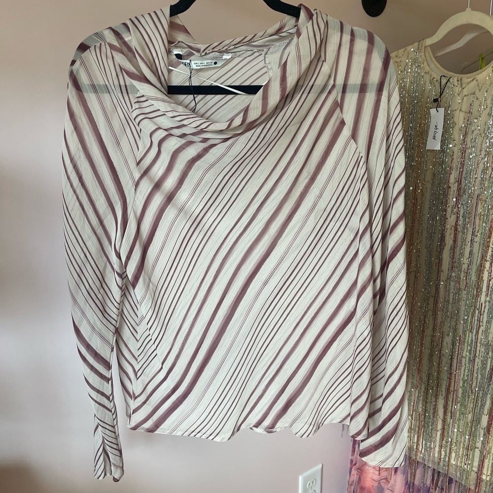 Zara Diagonal Striped Cowl Neck Blouse - Purple and White